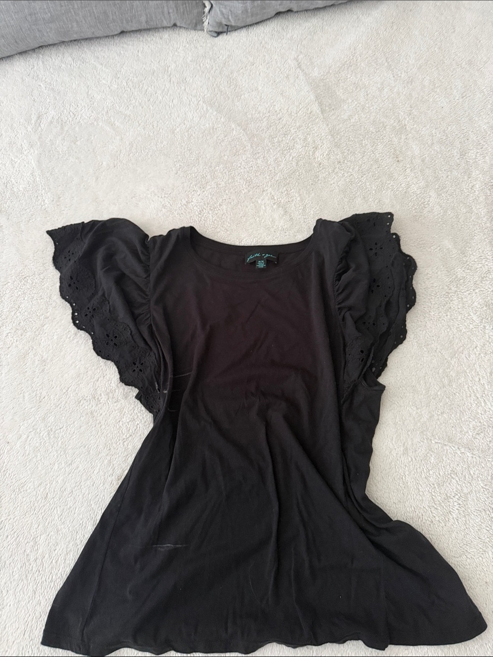 Faith and Joy Black Eyelet Flutter Sleeve Scoop Tee